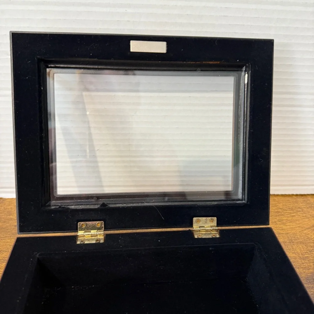 VTG Jewelry Box Photo Frame Brown Faux Wood Velvet Lined Grannycore Cottage Boho